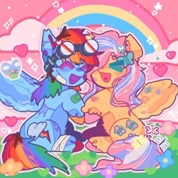 Size: 1080x1080 | Tagged: safe, artist:fuzzy_sherb, imported from derpibooru, fluttershy, rainbow dash, pegasus, pony, bandage, bandaid, colorful, cuddling, duo, eyes closed, female, flower, flutterdash, goggles, goggles on head, grass, heart, heart tongue, lesbian, open mouth, open smile, pink sky, rainbow, shipping, smiling, sparkles, stylized, wings, xd