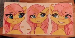 Size: 1280x656 | Tagged: safe, artist:freeedon, imported from derpibooru, part of a set, fluttershy, pegasus, pony, bust, eye clipping through hair, hooves together, solo, traditional art