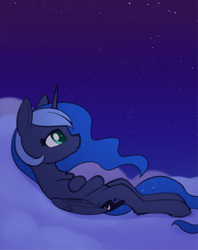 Size: 1778x2247 | Tagged: safe, artist:dusthiel, imported from derpibooru, princess luna, alicorn, pony, atg 2022, cloud, lying down, lying on a cloud, newbie artist training grounds, night, on a cloud, solo