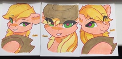 Size: 1280x626 | Tagged: safe, artist:freeedon, imported from derpibooru, part of a set, applejack, earth pony, pony, bust, cute, eye clipping through hair, jackabetes, solo, traditional art