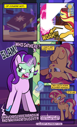 Size: 1920x3168 | Tagged: safe, artist:alexdti, imported from derpibooru, starlight glimmer, sunset shimmer, pony, unicorn, comic:quest for friendship, equestria girls, book, clothes, comic, dialogue, duo, duo female, ears back, female, glowing, glowing horn, high res, hooves, horn, lidded eyes, magic, mare, mud mask, one eye closed, onomatopoeia, open mouth, raised leg, shadow, slippers, speech bubble, standing, tail, telekinesis, underhoof, upside down, yelling