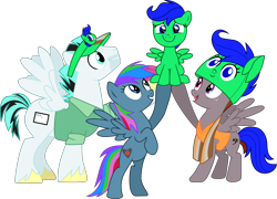 Size: 4453x3203 | Tagged: safe, artist:frownfactory, edit, editor:funny jo, imported from derpibooru, vector edit, oc, oc:azure star (fauli1221), oc:doc anubis, oc:funny jo, oc:light jet, pegasus, pony, .svg available, bipedal, clothes, costume, female, filly, foal, freckles, happy, hat, male, mare, recolor, scarf, shirt, simple background, smiling, stallion, stubble, svg, transparent background, unshorn fetlocks, vector, wings