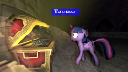 Size: 1024x576 | Tagged: safe, artist:drgamer7065, imported from derpibooru, twilight sparkle, alicorn, dragon, pony, 3d, castle, chest, crossover, final fantasy, final fantasy v, shinryu, source filmmaker, text, treasure chest, water