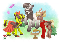 Size: 1280x905 | Tagged: safe, artist:delfinaluther, imported from derpibooru, oc, butterfly, changeling, deer, earth pony, pegasus, pony, pony town, bush, cape, clothes, commission, deer oc, dress, facial hair, female, flower, food, friends, group, happy, hoodie, horn, male, moustache, muffin, non-pony oc, red eyes, socks, table