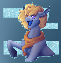 Size: 1412x1456 | Tagged: safe, artist:sursiq, imported from derpibooru, oc, oc only, original species, pony, shark, shark pony, accessory, blonde, blonde hair, clothes, open mouth, pony oc, scarf, shading, solo