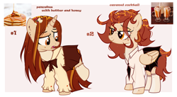 Size: 5117x2812 | Tagged: safe, artist:idkhesoff, imported from derpibooru, oc, oc only, oc:caramel cocktail, oc:honey pancakes, pegasus, pony, unicorn, bowtie, clothes, duo, ear piercing, earring, eyebrow piercing, eyeshadow, fangs, female, food, freckles, jewelry, lip piercing, makeup, mare, milkshake, necktie, open mouth, pancakes, piercing, raised leg, shirt, siblings, sisters, skirt, socks, stockings, tattoo, thigh highs, tongue piercing, wing piercing, wings
