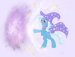 Size: 1280x974 | Tagged: safe, artist:kwaiikay, imported from derpibooru, trixie, pony, unicorn, atg 2022, bipedal, cape, clothes, female, hat, magic, mare, newbie artist training grounds, open mouth, solo, trixie's cape, trixie's hat