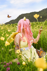 Size: 3951x6000 | Tagged: safe, artist:shadeila, artist:themoonraven, imported from derpibooru, fluttershy, human, absurd resolution, admiral (butterfly), clothes, cosplay, costume, flower, irl, irl human, meadow, photo, solo