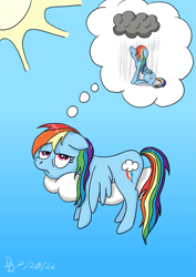 Size: 849x1200 | Tagged: safe, artist:darkdabula, imported from derpibooru, rainbow dash, pegasus, pony, atg 2022, cloud, floppy ears, hot, lying down, newbie artist training grounds, on a cloud, prone, rain, sky, solo, sun, thought bubble