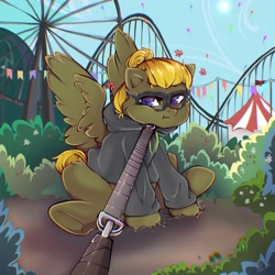 Size: 2048x2048 | Tagged: safe, artist:crybaby, imported from derpibooru, oc, oc only, oc:donnik, pegasus, pony, amusement park, angry, angy, behaving like a dog, clothes, dragging, ferris wheel, glasses, hoodie, leash, pony pet, roller coaster, solo, stubborn