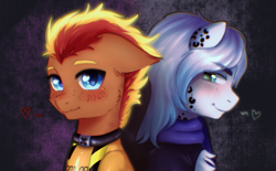 Size: 2640x1640 | Tagged: safe, artist:vaiola, imported from derpibooru, oc, oc only, oc:cold front, oc:fireheart(fire), big cat, hybrid, leopard, pegasus, pony, snow leopard, big eyes, blushing, bodysuit, bust, chest fluff, clothes, commission, couple, cute, dark background, eyebrows, fetish, freckles, latex, latex suit, looking at you, looking back, male, pegasus oc, portrait, rubber, rubber suit, scarf, shiny, shy, simple background, smiling, stripes, tight clothing