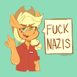 Size: 2048x2048 | Tagged: safe, artist:galaxysquid, applejack, anthro, lesbian flag, middle finger, mouthpiece, nazi, pride flag, vulgar