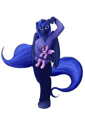 Size: 877x1240 | Tagged: safe, artist:alixnight, imported from derpibooru, princess luna, twilight sparkle, alicorn, anthro, unguligrade anthro, clothes, long sleeved shirt, long sleeves, pajamas, pants, plushie, pose, shirt, twilight sparkle plushie