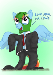 Size: 2480x3508 | Tagged: safe, artist:eels, imported from ponybooru, rainbow dash, pegasus, pony, bipedal, blue coat, clothes, dialogue, female, gradient background, greenface, mare, multicolored mane, multicolored tail, necktie, open mouth, pants, shirt, smiling, spread wings, wings