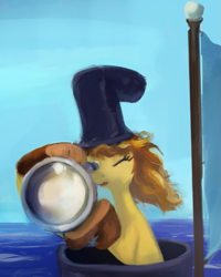 Size: 819x1024 | Tagged: safe, artist:tiffortat, oc, oc only, earth pony, pony, boat, boot, bootleg, female, hat, mare, one eye closed, open mouth, sailboat, sky, telescope, water