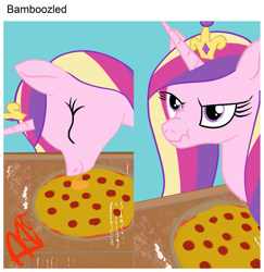 Size: 1169x1203 | Tagged: safe, artist:eels, imported from ponybooru, princess cadance, alicorn, pony, angry, cadance is not amused, crown, female, jewelry, licking, peetzer, pizza box, ponified animal photo, regalia, scrunchy face, solo, solo female, that pony sure does love pizza, tongue out, unamused