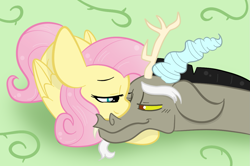 Size: 1189x788 | Tagged: safe, artist:sugarcloud12, imported from derpibooru, discord, fluttershy, draconequus, pegasus, pony, cuddling, discoshy, duo, female, male, shipping, straight