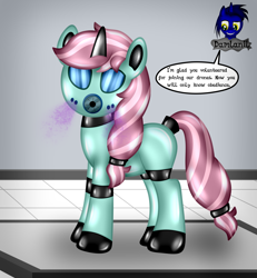 Size: 3840x4154 | Tagged: safe, artist:damlanil, imported from derpibooru, oc, oc:musica melody, latex pony, original species, pony, unicorn, series:becoming drone, bdsm, bondage, boots, close-up, clothes, collar, comic, commission, damlanil's lab, encasement, female, gas mask, horn, laboratory, latex, latex boots, link in description, living latex, mare, mask, mind control, restrained, rubber, rubber drone, rubber suit, shiny, shiny mane, shoes, show accurate, solo, speech bubble, story, story included, tail, tail hole, text, transformation, vector