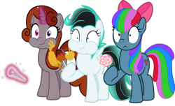 Size: 4541x2769 | Tagged: safe, artist:frownfactory, edit, editor:fauli1221, imported from ponybooru, vector edit, oc, oc only, oc:fauli1221, oc:funny jo, oc:light jet, earth pony, pegasus, pony, unicorn, growing up is hard to do, .svg available, bow, closed mouth, cutie mark, eating, female, food, horn, magic, mare, recolor, simple background, svg, transparent background, trio, vector, wide eyes, wings