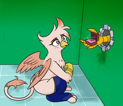 Size: 870x753 | Tagged: safe, artist:jargon scott, imported from derpibooru, oc, oc:whore birb, griffon, bathroom stall, clothes, engagement ring, female, female focus, glory hole, griffon oc, implied gallus, meme, offscreen character, ponified meme, socks, solo focus, stockings, thigh highs