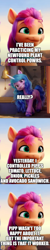 Size: 500x2491 | Tagged: safe, edit, edited screencap, imported from derpibooru, screencap, izzy moonbow, sunny starscout, earth pony, pony, unicorn, spoiler:my little pony: a new generation, comic, duo, duo female, female, food, g5, implied pipp petals, mare, my little pony: a new generation, sandwich, screencap comic