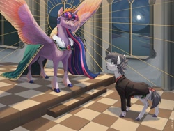 Size: 4000x3000 | Tagged: safe, artist:maxiima, imported from derpibooru, twilight sparkle, oc, alicorn, pony, unicorn, beard, cape, clothes, crown, duo, duo male and female, eye contact, facial hair, female, floor, frown, glasses, halo, high res, horn, jewelry, long mane, looking at each other, looking at someone, male, mare, moon, night, nimbus, regalia, room, signature, smiling, smirk, spread wings, stallion, standing, suit, twilight sparkle (alicorn), unicorn oc, unshorn fetlocks, window, wings