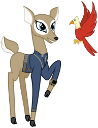 Size: 2928x3800 | Tagged: safe, artist:cheezedoodle96, artist:ponygamer2020, edit, editor:ponygamer2020, idw, imported from derpibooru, bird, deer, fallout equestria, spoiler:comic, spoiler:comic61, clothes, cloven hooves, convocation of the creatures, doe, fallout, female, horn, idw showified, jumpsuit, pipboy, queen birch, raised hoof, show accurate, simple background, solo, stag, transparent background, vault suit, vector