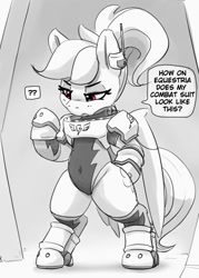 Size: 859x1200 | Tagged: safe, artist:pabbley, imported from derpibooru, rainbow dash, pegasus, pony, alternate hairstyle, armor, belly button, bipedal, black and white, clothes, dialogue, earpiece, female, grayscale, leotard, mare, monochrome, partial color, ponytail, question mark, sexy, solo, speech bubble, stupid sexy rainbow dash