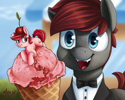 Size: 2250x1800 | Tagged: safe, artist:supermoix, imported from derpibooru, oc, oc:hunter blood moon, bat pony, earth pony, pony, blue eyes, bow, cherry, clothes, cute, food, ice cream, ice cream shop, looking at each other, looking at someone, lying down, red hair, simple background, tuxedo