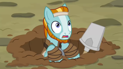 Size: 1397x786 | Tagged: safe, imported from derpibooru, screencap, rockhoof, earth pony, pony, campfire tales, season 7, ditch, hole, little rockhoof, male, open mouth, rockhoof's shovel, shovel, solo, stallion