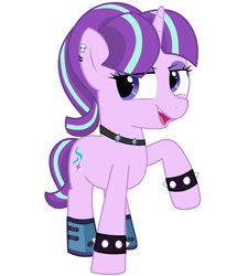 Size: 1800x2000 | Tagged: safe, artist:tikapony, imported from derpibooru, starlight glimmer, pony, unicorn, the parent map, choker, clothes, edgelight glimmer, eye clipping through hair, eyebrows, eyeshadow, makeup, open mouth, open smile, raised hoof, shoes, simple background, smiling, solo, spiked wristband, teenager, white background, wristband