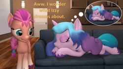 Size: 1920x1080 | Tagged: safe, artist:red4567, imported from derpibooru, izzy moonbow, sunny starscout, earth pony, pony, unicorn, 3d, atg 2022, couch, cute, dialogue, dream, droste effect, duo, duo female, female, g4, g5, g5 to g4, generation leap, horn, izzybetes, mare, newbie artist training grounds, recursion, shaped like itself, simpsons did it, sleeping, source filmmaker, thought bubble