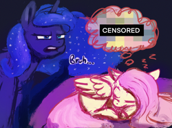 Size: 2732x2048 | Tagged: safe, artist:phutashi, imported from derpibooru, fluttershy, princess luna, alicorn, pegasus, pony, atg 2022, black background, bruh, bruh in the comments, censor bar, censored, cute, dream, dream walker luna, duo, duo female, female, high res, luna is not amused, lying, mare, mosaic censor, newbie artist training grounds, onomatopoeia, ponyloaf, prone, shyabetes, simple background, sleeping, sound effects, thought bubble, unamused, zzz