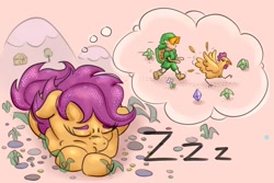 Size: 2000x1333 | Tagged: safe, artist:nedemai, imported from derpibooru, scootaloo, bird, chicken, pegasus, pony, atg 2022, dream, female, filly, foal, link, newbie artist training grounds, onomatopoeia, scootachicken, sleeping, solo, sound effects, the legend of zelda, thought bubble, zzz