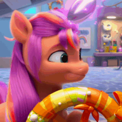 Size: 600x600 | Tagged: safe, imported from derpibooru, screencap, sunny starscout, earth pony, pony, spoiler:my little pony: make your mark, animated, cropped, cute, ear flick, female, g5, gif, i watch it for the ears, magic, mane stripe sunny, mare, my little pony: make your mark, my little pony: make your mark chapter 1, solo, spoon, sunnybetes