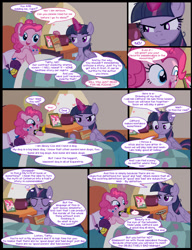 Size: 1042x1358 | Tagged: safe, artist:dendoctor, imported from derpibooru, mean twilight sparkle, pinkie pie, twilight sparkle, alicorn, earth pony, pony, comic:clone.., alternate universe, bed, blanket, book, clifford the big red dog, clone, comic, female, g4, glowing, glowing horn, horn, magic, mare, pillow, pinkie clone, plushie, telekinesis, twilight sparkle (alicorn)