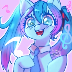 Size: 1080x1080 | Tagged: safe, artist:rururuis, imported from derpibooru, earth pony, pony, anime, bust, eyelashes, female, hatsune miku, heart, heart eyes, mare, music notes, necktie, ponified, signature, smiling, solo, vocaloid, wingding eyes