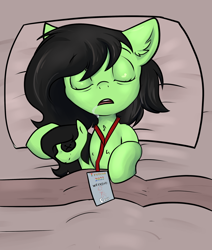 Size: 2200x2600 | Tagged: safe, artist:dumbwoofer, imported from derpibooru, oc, oc:filly anon, earth pony, pony, badge, bed, bed mane, bed sheets, chest fluff, comfy, drool, ear fluff, eyes closed, female, filly, foal, lanyard, lying down, on back, open mouth, plushie, self plushidox, simple background, sleeping, solo, tired, trotcon