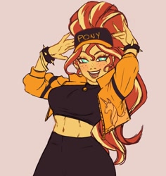 Size: 630x668 | Tagged: safe, artist:nire, imported from derpibooru, sunset shimmer, human, equestria girls, alternate hairstyle, baseball cap, belly button, cap, clothes, female, freckles, hat, jacket, looking at you, midriff, open mouth, open smile, peppered bacon, pink background, simple background, smiling, smiling at you, solo, spiked wristband, wip, wristband