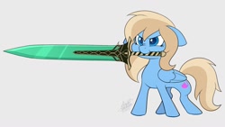 Size: 1569x883 | Tagged: safe, artist:scarlet-spectrum, imported from derpibooru, oc, oc only, oc:lusty symphony, pegasus, pony, commission, female, greatsword, moonlight great sword, mouth hold, pegasus oc, solo, sword, weapon, your character here