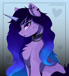Size: 1684x1851 | Tagged: safe, artist:_candypone_, imported from derpibooru, izzy moonbow, pony, unicorn, chest fluff, choker, ear piercing, eyebrow slit, eyebrows, female, g5, goth, goth izzy, industrial piercing, lidded eyes, looking at you, mare, piercing, simple background, sitting, solo