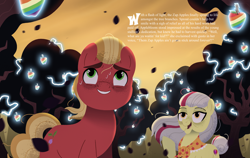 Size: 7083x4479 | Tagged: safe, artist:bearmation, imported from derpibooru, apple bloom, sprout cloverleaf, earth pony, pony, absurd resolution, apple, apple tree, clothes, duo, elderly, female, food, g4, g5, granny smith's shawl, lightning, male, mare, older, older apple bloom, shawl, smiling, stallion, story included, sweat, text, tree, zap apple, zap apple tree