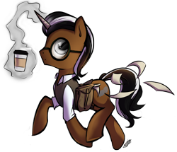 Size: 1100x948 | Tagged: safe, artist:fidzfox, imported from derpibooru, oc, oc only, pony, unicorn, bag, coffee, glasses, magic, saddle bag, simple background, solo, telekinesis, transparent background