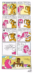 Size: 1150x2550 | Tagged: safe, artist:fidzfox, imported from derpibooru, pinkie pie, oc, oc:benny, oc:divine light, earth pony, pony, ^^, balloon, bipedal, birthday, cake, confetti, crying, dialogue, emanata, eyes closed, food, french, grammar error, grin, gritted teeth, open mouth, open smile, party horn, present, shivering, shoving, smiling, streamers, sweat, sweatdrops, teeth, translated in the comments