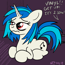 Size: 2000x2000 | Tagged: safe, artist:dafiltafish, imported from derpibooru, dj pon-3, vinyl scratch, pony, unicorn, atg 2022, depressed, implied octavia, newbie artist training grounds, solo, tired, tired eyes, wavy mouth, wrong eye color