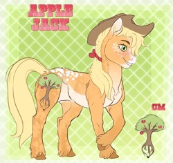 Size: 1440x1358 | Tagged: safe, artist:jadejellie, imported from derpibooru, applejack, pony, alternate cutie mark, alternate design, chest fluff, coat markings, dappled, smiling, solo, unshorn fetlocks