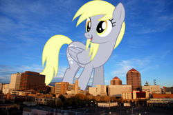 Size: 1944x1301 | Tagged: safe, artist:dashiesparkle, artist:thegiantponyfan, imported from derpibooru, derpy hooves, pegasus, pony, albuquerque, female, giant derpy hooves, giant pegasus, giant pony, giantess, highrise ponies, irl, macro, mare, mega giant, new mexico, photo, ponies in real life, run for your lives