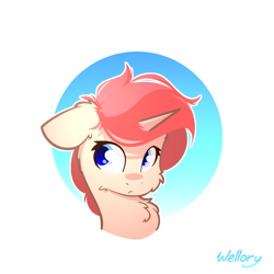 Size: 1000x1000 | Tagged: safe, artist:wellory, imported from derpibooru, oc, oc only, oc:redly, pony, unicorn, bust, cute, female, signature, simple background, solo, white background