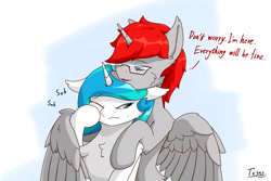 Size: 1800x1200 | Tagged: safe, artist:tx547, imported from derpibooru, oc, oc:ericken, oc:time slowly, alicorn, pony, unicorn, alicorn oc, crying, dialogue, ericly, glasses, horn, onomatopoeia, unicorn oc, wings