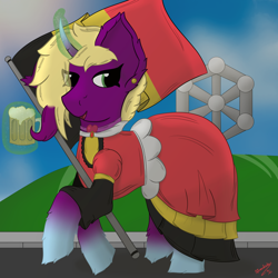 Size: 3000x3000 | Tagged: safe, artist:spiroudada, imported from derpibooru, oc, oc only, oc:velvet sky, pony, unicorn, alcohol, beer, belgium, clothes, crossdressing, cute, dress, flag, male, national flag, solo, stallion